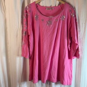 Quacker Factory Pink Top with Silver Snowflake Accents